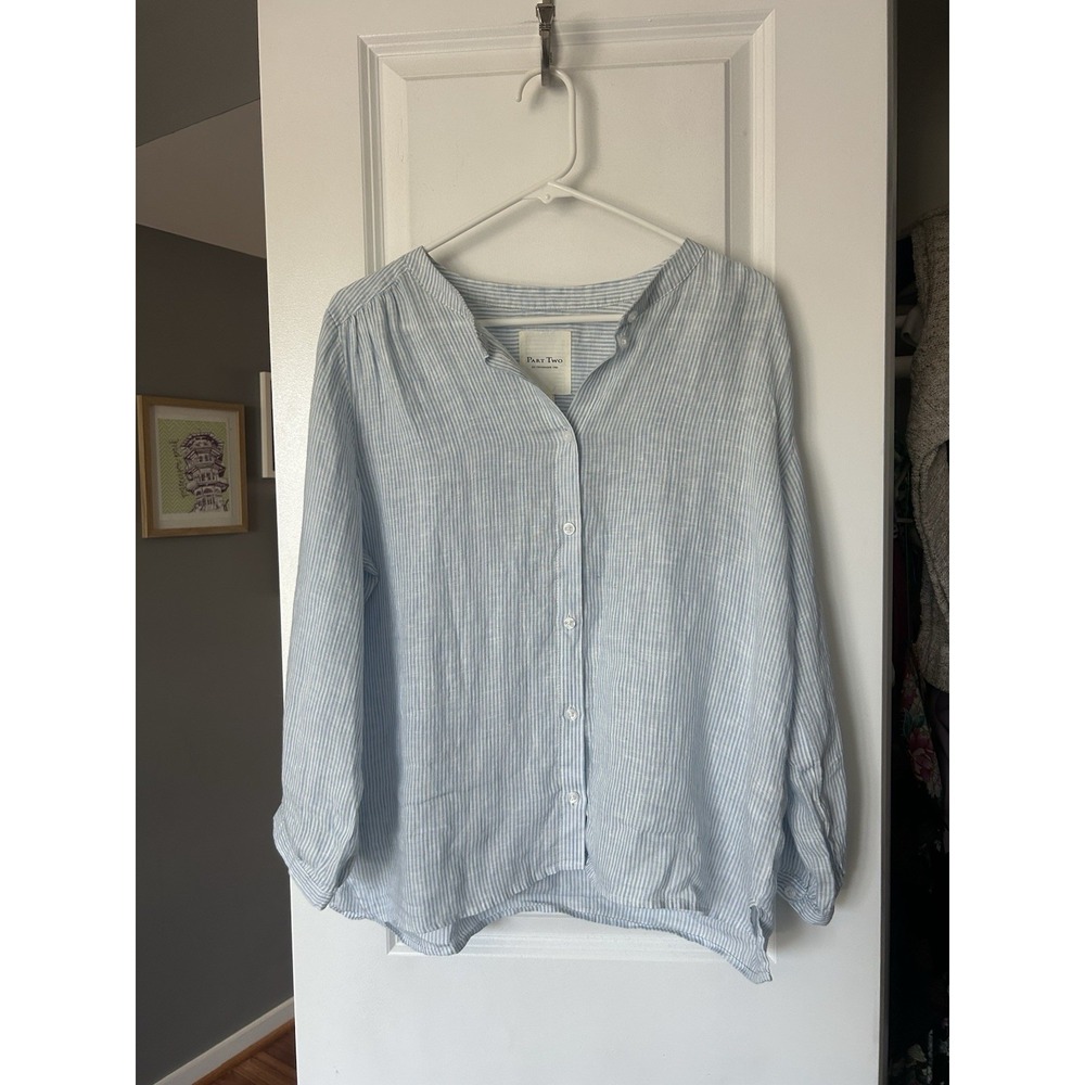 Part Two Copenhagen Women's Linen Shirt Blouse White Blue Stripe Size 36 (US 6)